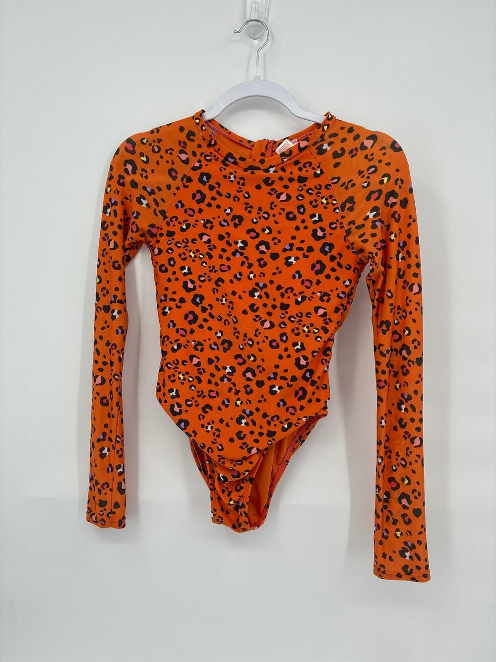 Cat & Jack Orange Cheetah Print Long Sleeve Rash Guard Swimsuit Girls L 10/12